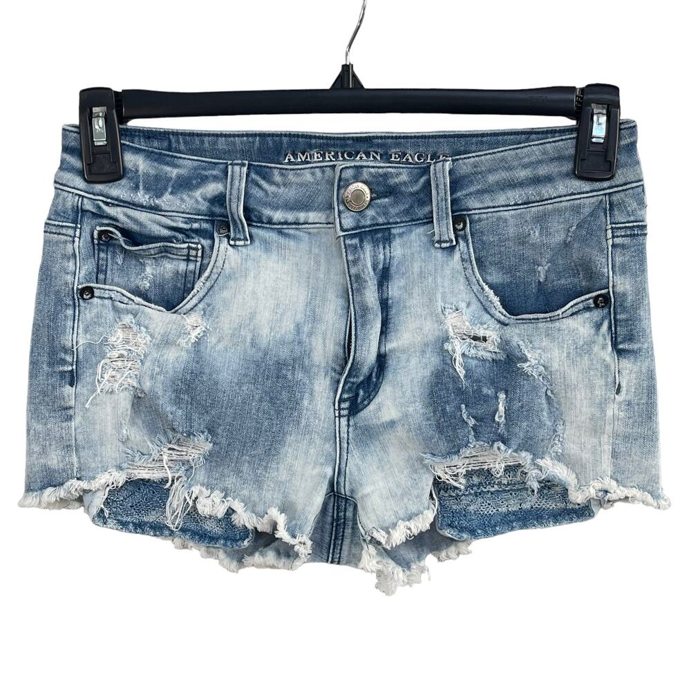 American Eagle SZ 6 Hi-Rise Shortie Jean Shorts Distressed Stretch Frayed Hems